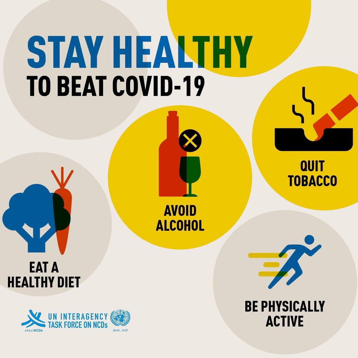 4️⃣ steps to stay fit to beat COVID-19:
🍊 eat a healthy diet
🚭 no tobacco
🏃‍♀️ be physically active
🍻 stop harmful use of alcohol