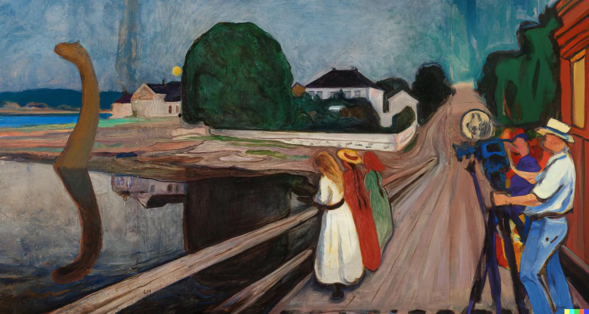 mrkolby's tweet photo. Visste du for eksempel at Pikene på broen av Edvard Munch viste innspillingen av det som blir ansett som den første monsterfilmen i Norge allerede i 1901? #dalle #dalle2 https://t.co/bbY4jvoEHl