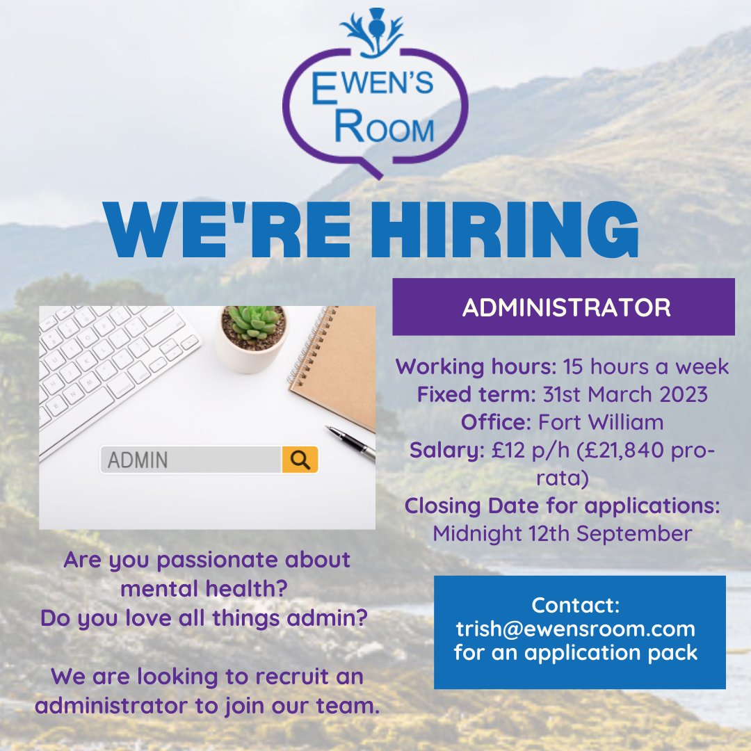 ⭐ WE ARE HIRING! ⭐ We are looking for an Administrator to join our team. The role is: ➡️ Fort William based ➡️ £12 p/h ➡️ 15 hrs per week ➡️ Family friendly - working hours are within school hours ➡️ Mondays and Fridays off Email trish@ewensroom.com for an application pack!
