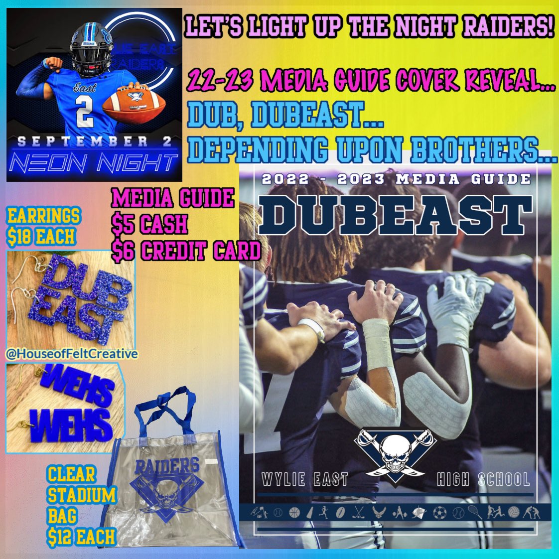 WEABCBooster's tweet photo. Let's LIGHT UP THE NIGHT RAIDERS!!
TONIGHT WE DEBUT the 22-23 MEDIA GUIDE,-
DUB. WIN. DUBEAST.
DEPENDING ON BROTHERS.
Media Guides
$5 CASH
$6 Credit Card
Debuting our BRAND NEW SPIRIT EARRINGS & Redesigned Stadium Bag!
SEE YOU SOON!
#WEABC #ALLSports #DUBEAST #MEDIAGUIDEREVEAL https://t.co/SpP4D0LrB2