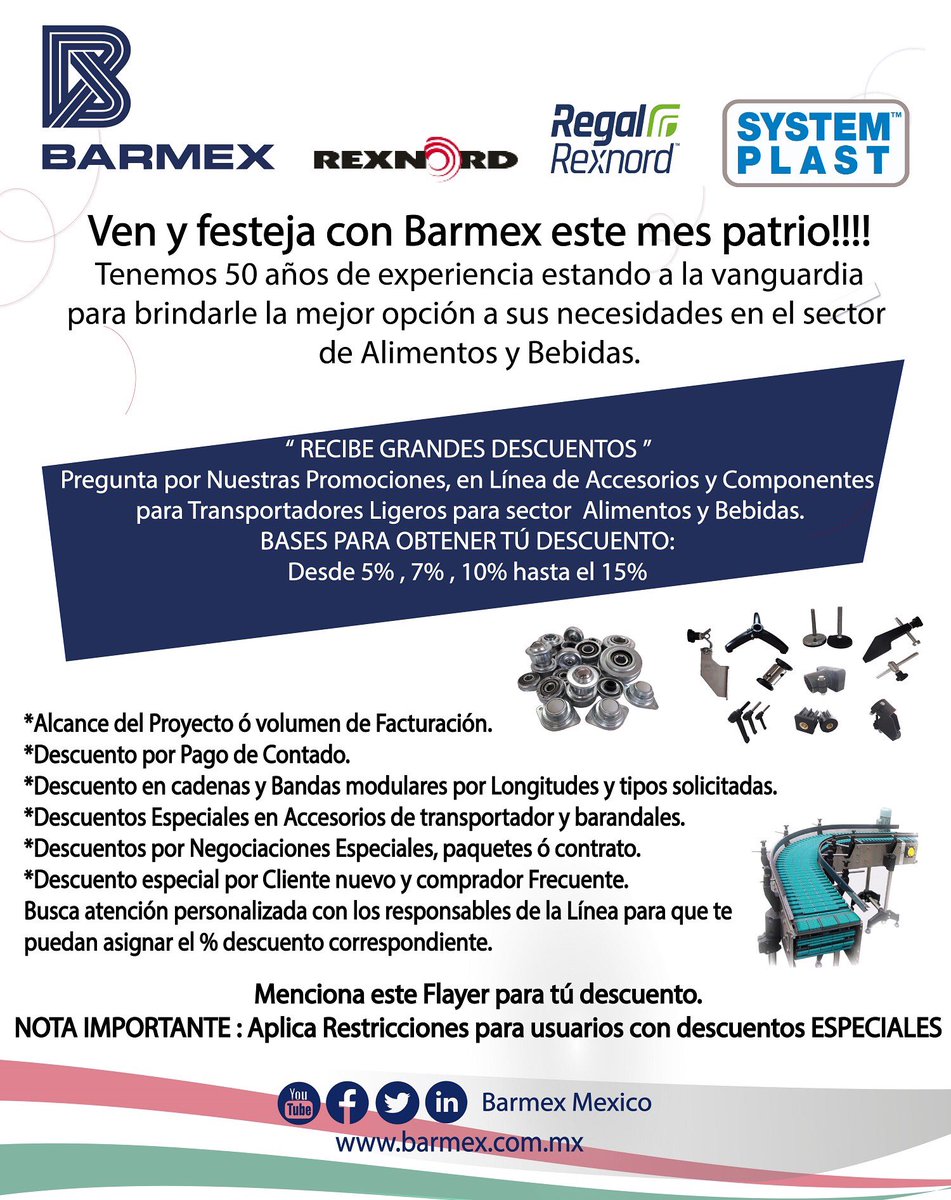 BarmexMexico's tweet photo. Arrancamos este mes con increíbles #descuentos, solo menciona esta imagen y obtén tu descuento #barmexmexico #systemplast #RegalRexnord #componentesparatransportadoresligeros #alimentosybebidas #industriasalimenticias #industria #RefaccionesIndustriales
📢Aplican restricciones https://t.co/1PJOlG6GCR
