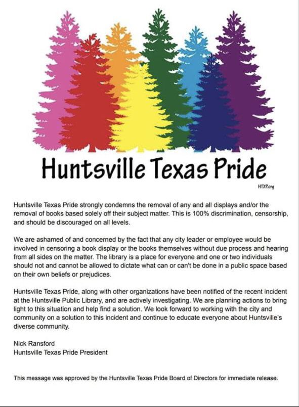 broadcastxr's tweet photo. @HuntsvilleTexas has removed a pride themed book display from Huntsville Public Library, which included several non-LGBT+ themed “banned” books. This is not the first incident of @HuntsvilleTexas acting against the interests of the local LGBT+ community 🧵@ACLU @TexasTribune https://t.co/eZPiANn96z