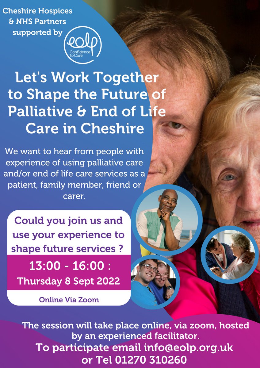 _EOLP's tweet photo. Are you a #patient or #carer? Our workshop tomorrow still has places: could you attend to help shape the future of palliative &amp; end of life care services in Cheshire? 
#palliativeservices  @HealthwatchCE @HealthwatchCW https://t.co/S4yJsKc90c