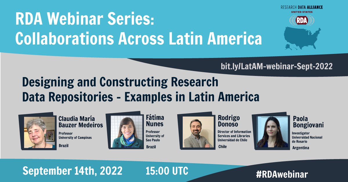 Our next webinar in our Collaborations across Latin America RDA Webinar Series is only two weeks away! Register soon for 'Designing and Constructing Research Data Repositories – Examples in Latin America'.