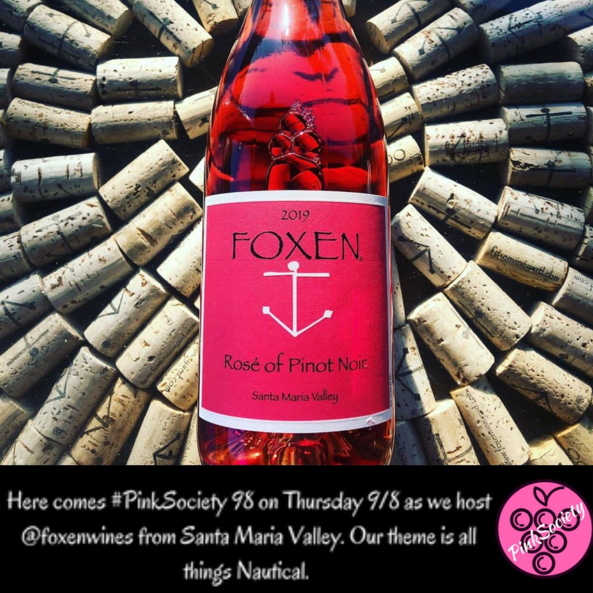 Here comes #PinkSociety 98 on Thursday 9/8 as we host @foxenwines from Santa Maria Valley. Our theme is all things Nautical. Have a good weekend. @boozychef @jflorez @Cbp8Cindy @rr_pirate @SipWatchTweet @Kerryloves2trvl @DeBodene @G12Rocco @JackConnie @ja2cook @winedivaa