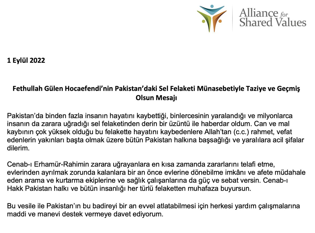 Muhterem Fethullah Gülen Hocaefendi’nin Pakistan’daki Sel Felaketi Münasebetiyle Taziye ve Geçmiş Olsun Mesajı: afsv.org/fethullah-gule…