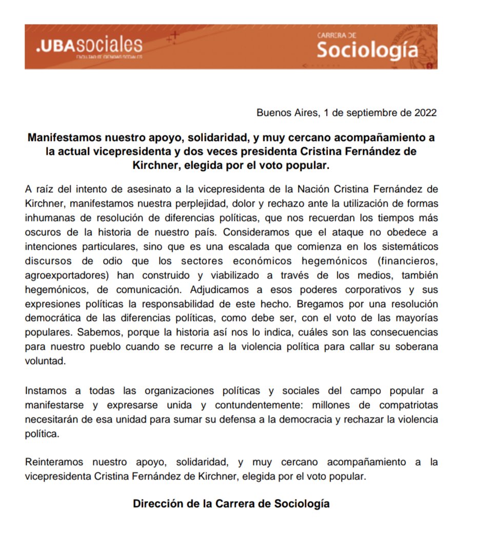 sociologia_uba's tweet photo. 📌 Manifestamos nuestro apoyo, solidaridad, y muy cercano acompañamiento a la actual vicepresidenta y dos veces presidenta Cristina Fernández de Kirchner, elegida por el voto popular https://t.co/x2JrPFTo02