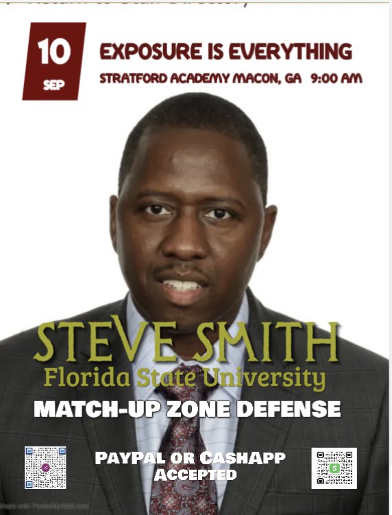 TheLGWay's tweet photo. Florida State University Assistant Coach Steve Smith will be speaking at EXPOSURE is EVERYTHING Coaches Clinic Saturday Sept 10 2022 at Stratford Academy in Macon, ga. Coach Smith will be teaching the Match-Up Zone Defense. Register Early. DM CashApp $LeVelleGerrald or PayPal https://t.co/knbQFOvktg