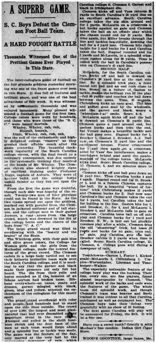 On November 12, 1896, the University of South Carolina and Clemson University played their first rivalry game in the yearly tradition known as “Big Thursday." Attached are newspaper clippings of the first game from The State newspaper. #ArchivesHashtagParty #ArchivesSports