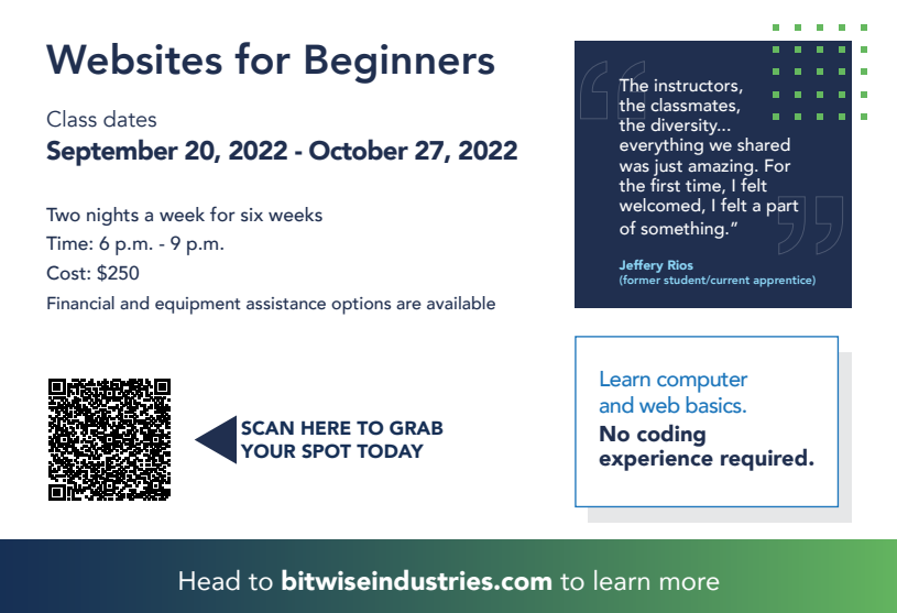 ToledoTomorrow's tweet photo. Our partner @BitwiseInd is holding classes starting September 20, teaching websites for beginners! Check it out, and scan the QR code for more details!
#TPSProud #WLS4kids #Toledo https://t.co/Gh8aA1Pwpm
