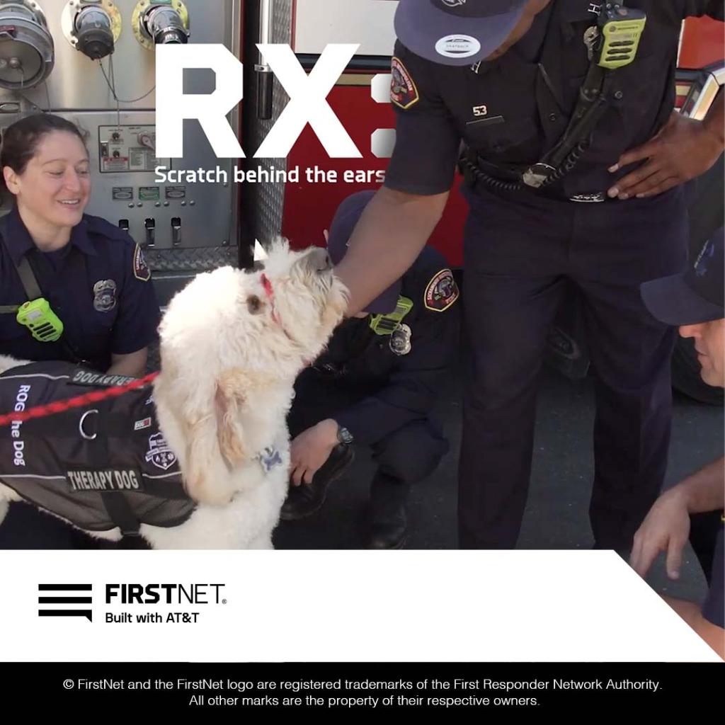 FirstNet's tweet photo. Interacting with dogs has proven health benefits, helping to reduce blood pressure and cortisol levels. After a tough day on the job, first responders can find relief with ROG the Dog, a dog therapy program provided by FirstNet. https://t.co/op77z6WZ0x