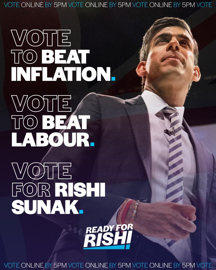 Today is the last day of the #ConservativeLeadershipContest Throughout the campaign @RishiSunak has shown his grip of the economic challenges we face & ability to beat Labour at the next election. I voted for Rishi. If you haven't voted yet, back @Ready4Rishi #Ready4Rishi