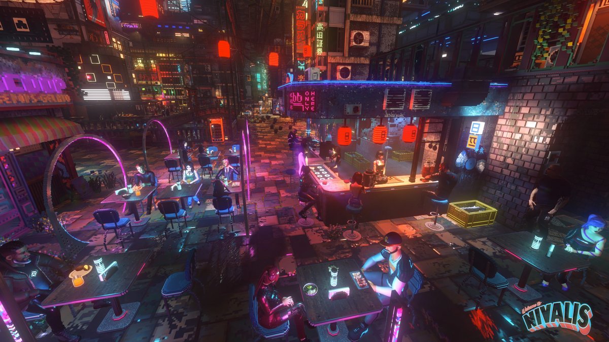 A voxel cyberpunk restaurant overlooking a cityscape with vibrant neon lights. Nivalis coming soon.