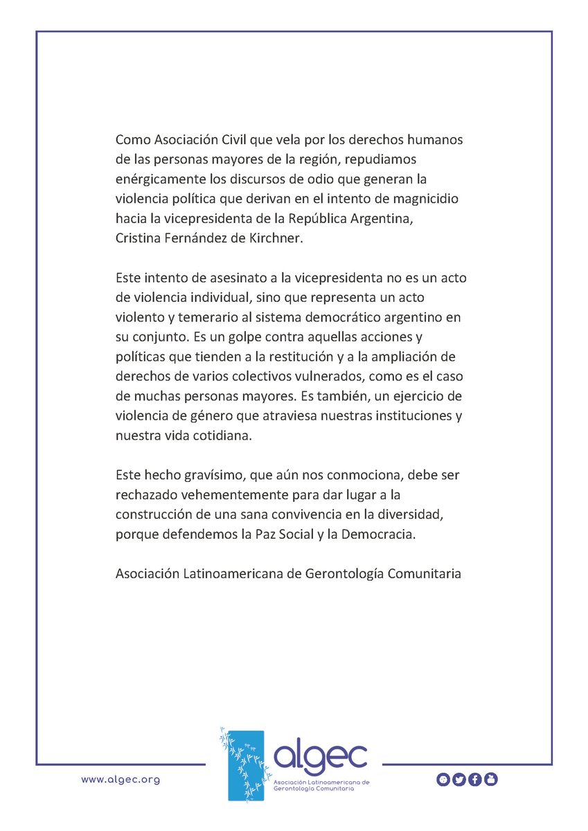 InfoAlgec's tweet photo. #Comunicado y #Repudio de #algec ante el intento de magnicidio hacia la vicepresidenta de la República #Argentina, @CFKArgentina. https://t.co/cDEckBJuyq