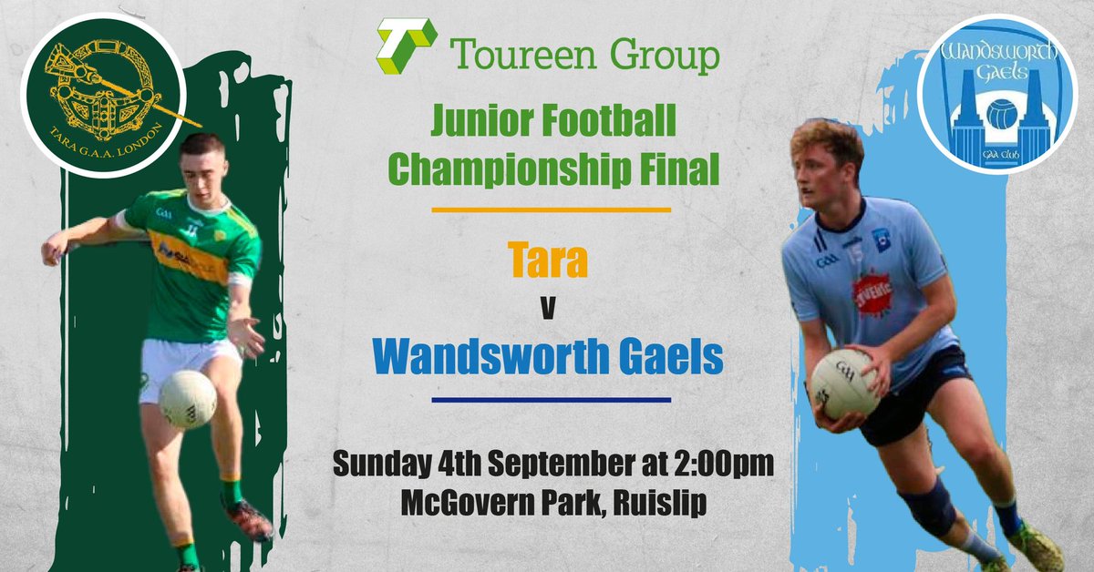 JUNIOR CHAMPIONSHIP FINAL! The time has come. Championship Final this weekend against @WandsworthGaels Come out and show your support! 🙌🏼 💚💛 📆 Sunday 4th September 🕝 2:00pm 📍 McGovern Park, Ruislip #TaraAbú 🔰 @LondainGAA @theirishworld @IrishPostSport