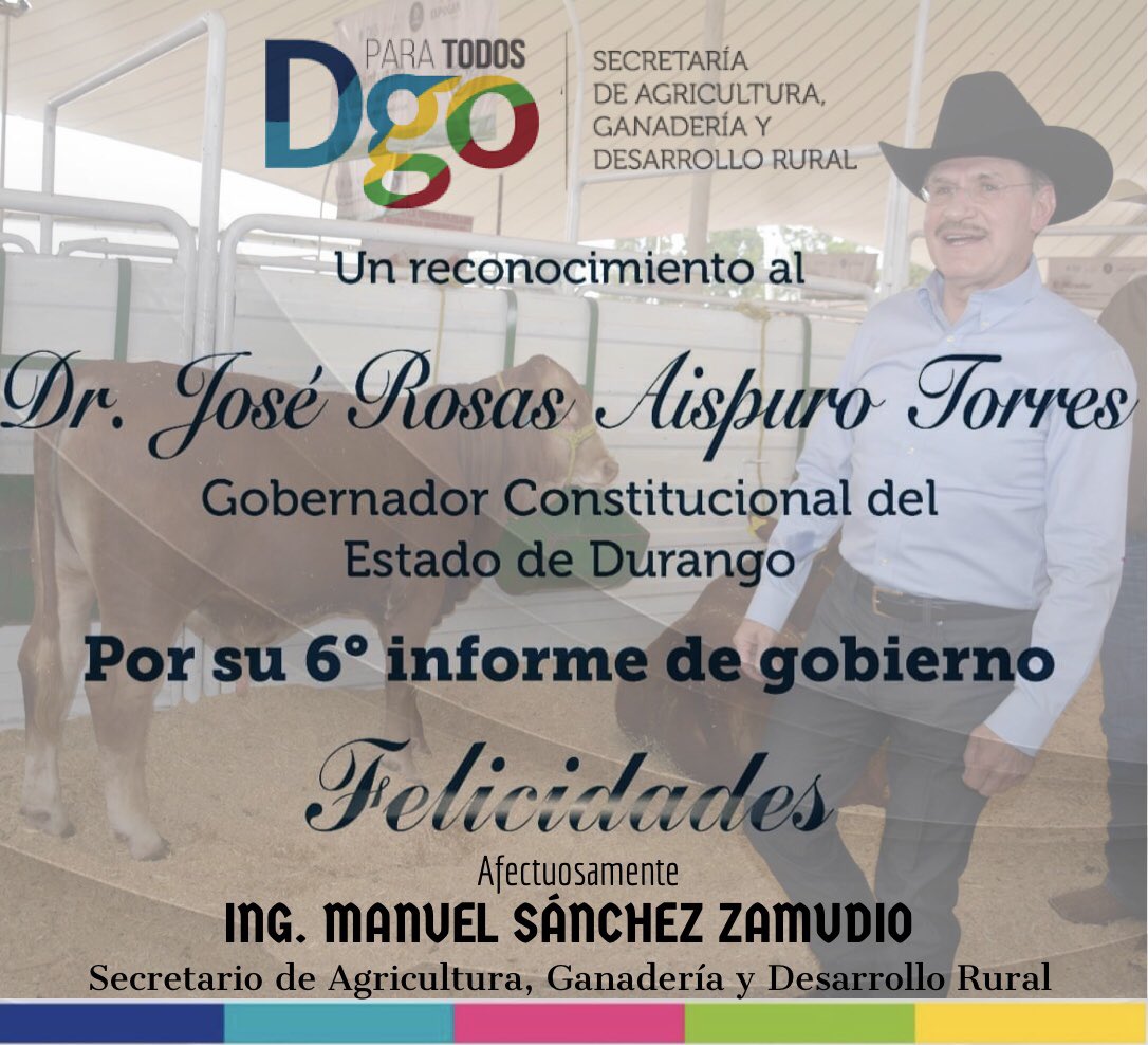 sagdr_dgo's tweet photo. A nombre del Ing. Manuel Sánchez Zamudio y de todo el equipo que conforma la #SAGDR, un reconocimiento al Dr. José Rosas Aispuro Torres, Gobernador Constitucional del estado de Durango, por su Sexto Informe de Gobierno. 

#hoydurangoesmejor
#quelobuenosi6a
#QueLoBuenoSiga https://t.co/2f9Gno95gk
