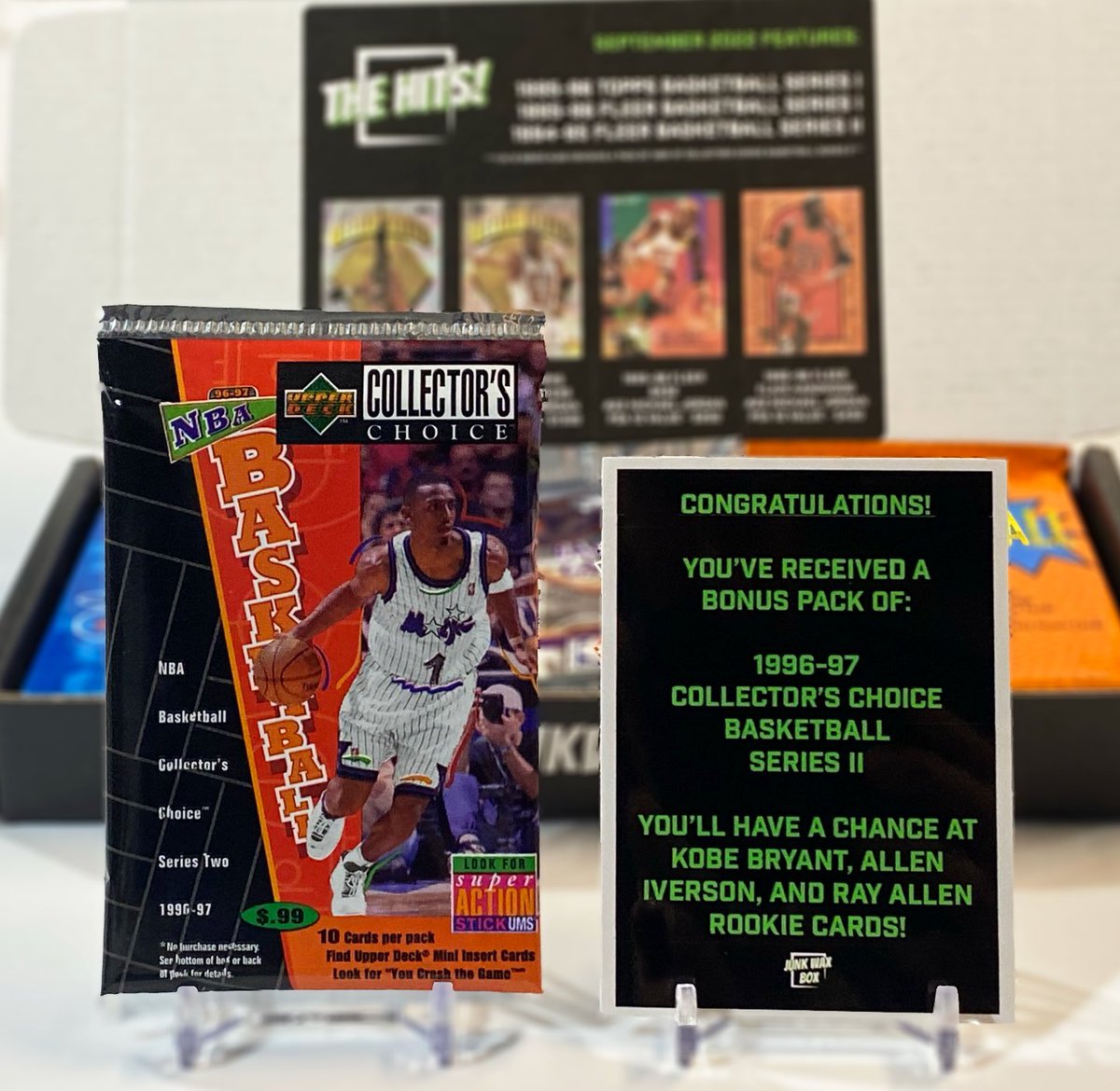 1 in 12 September boxes contain a pack of 1996-97 Collector's Choice Basketball Series 2  as one of their mystery packs!

1996-87 Collector's Choice Series 2 was loaded with HOF rookies.  Kobe Bryant, Allen Iverson, Ray Allen, and Steve Nash!

#kobe #thehobby #whodoyoucollect
