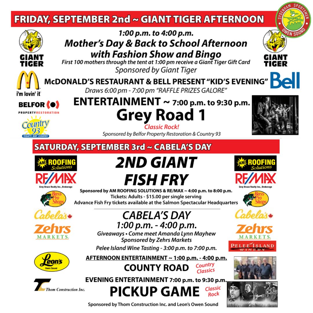 Entertainment for today and tomorrow!

#OSSalmonSpectacular34 #sydenhamsportsmen #salmonfishing #greybruce #ontariofishing #ontariofestival #owensound #greybrucecounty #ontario #angler #georgianbay #fishing #lakehuron #greatlakes #owensoundsalmonspectacular #fish #fishingaddict