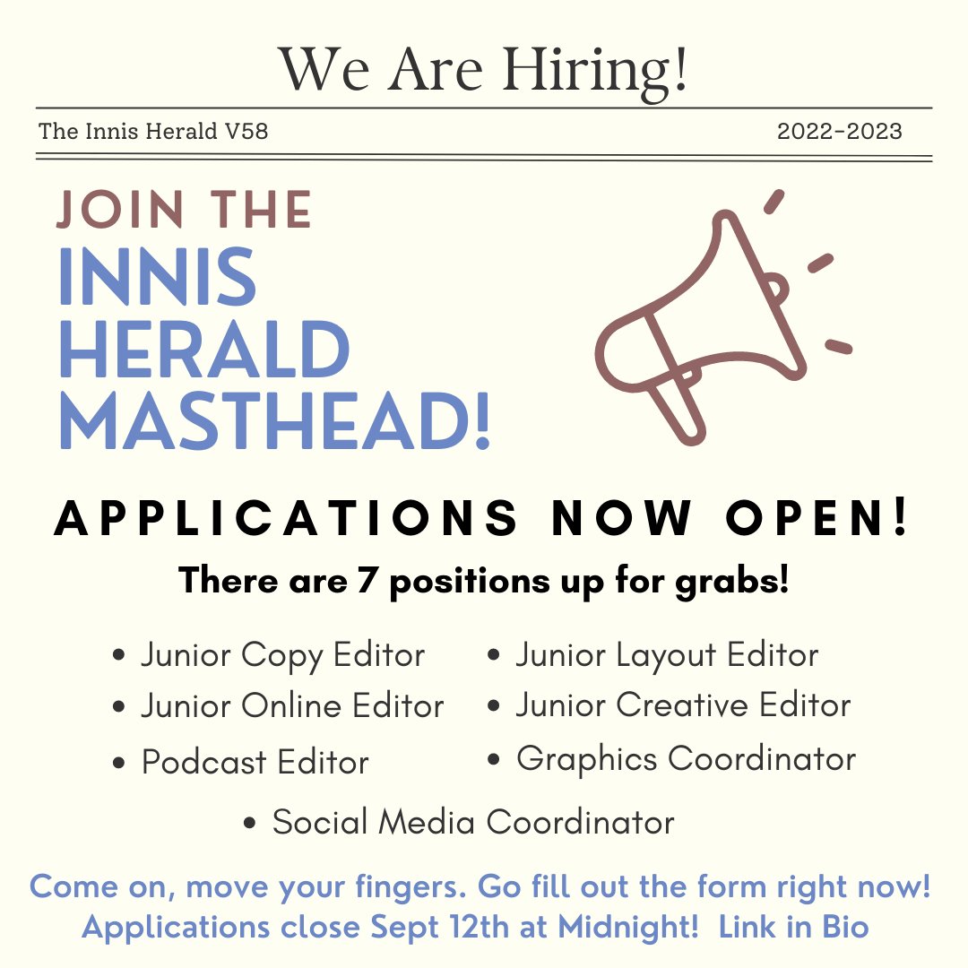 TheInnisHerald's tweet photo. Are you: 
Looking for a fun way to get involved in the Innis community?
An aspiring journalist, artist, or podcaster?

✨WELL DO WE HAVE AN OPPORTUNITY FOR YOU!✨

https://t.co/fIqIftGw6j 
#theinnisherald #writer #Artist #podcast #uoft #students #newspaper https://t.co/TfIMM0ls1P