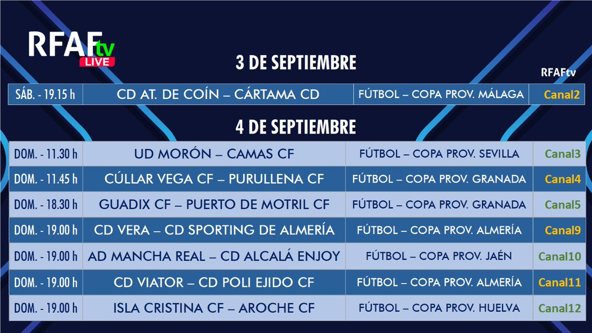 RFAF's tweet photo. 🏆La #CopaAndalucía 2022 / 2023 arranca este fin de semana con la 1ª fase de las #CopasProvinciales en @RFAF_tv  😍

⚽ 1️⃣6️⃣ partidazos que podrás disfrutar en directo y en abierto 🤔 ¿Te lo vas a perder? 👉 Consulta en la imagen el día, la hora y canal y disfruta

💟 #FútbolRFAF https://t.co/UTa0PKF27Q