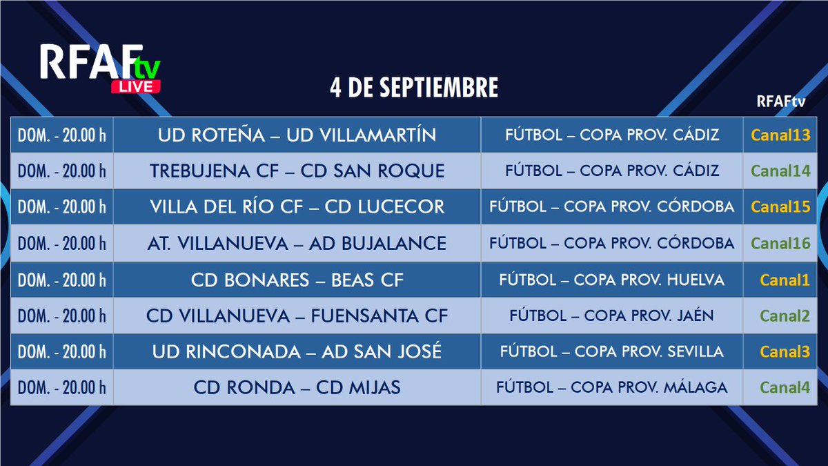 RFAF's tweet photo. 🏆La #CopaAndalucía 2022 / 2023 arranca este fin de semana con la 1ª fase de las #CopasProvinciales en @RFAF_tv  😍

⚽ 1️⃣6️⃣ partidazos que podrás disfrutar en directo y en abierto 🤔 ¿Te lo vas a perder? 👉 Consulta en la imagen el día, la hora y canal y disfruta

💟 #FútbolRFAF https://t.co/UTa0PKF27Q