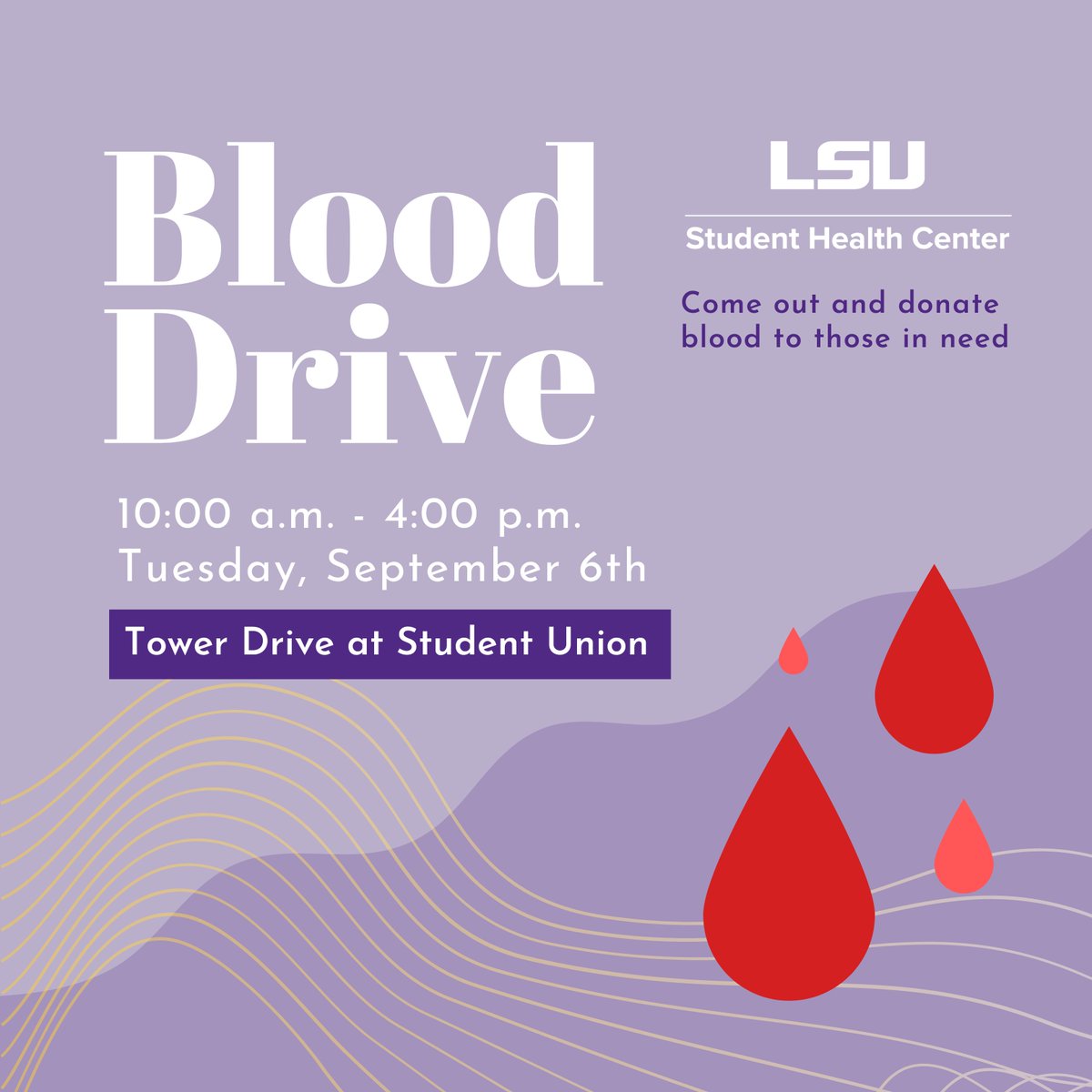 🩸 Give blood on Tuesday, September 6th from 10-4pm on Tower Drive near the Student Union!