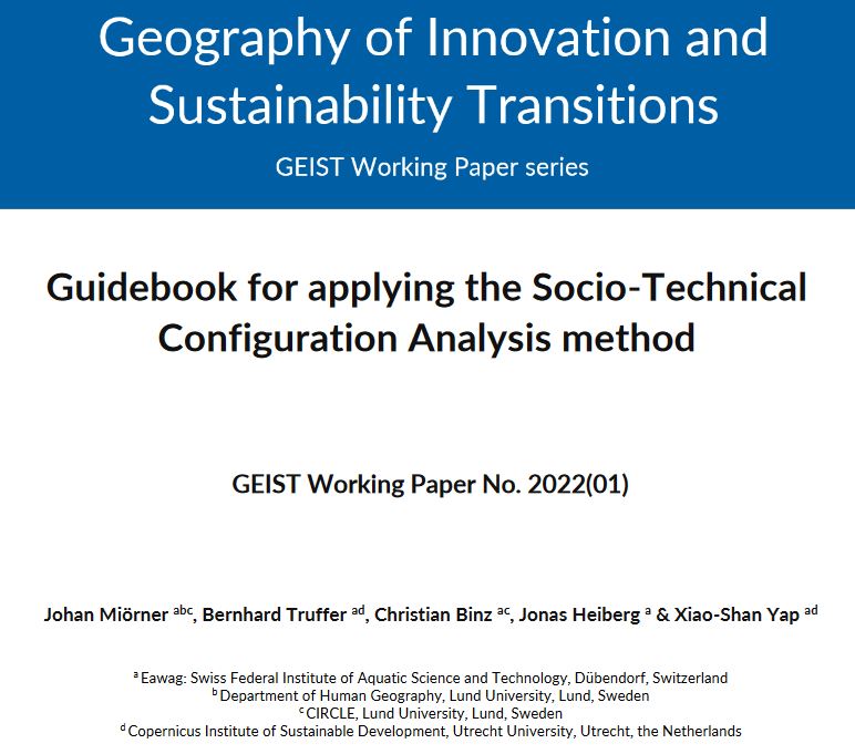 GeoST_Group's tweet photo. Exciting new contribution in our working paper series: @JMiorner, @BernhardTruffer, C. Binz, @JoHeiberg &amp; @XSYAP from @Cirus_Eawag compiled a guidebook for how to use and apply Socio-Technical Configuration Analysis.
https://t.co/7i0QWo8lZx https://t.co/CmGPEaSnyn