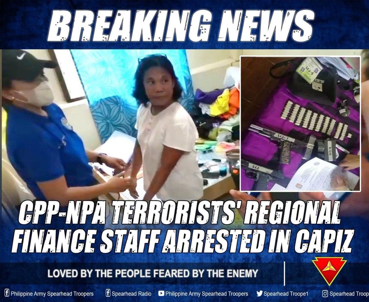 GiboTeodoroJr's tweet photo. Arestado! 🫡👊🏽

Philippine Army units, the Criminal Investigation and Detection Group and the Police Regional Office 6 conducted Integrated Military Police Operations against the Regional Finance Staff of KR-Panay, Lenilyn Jaynos alias Sandra

Via @SpearheadTroop1 https://t.co/5URxTPNT4p