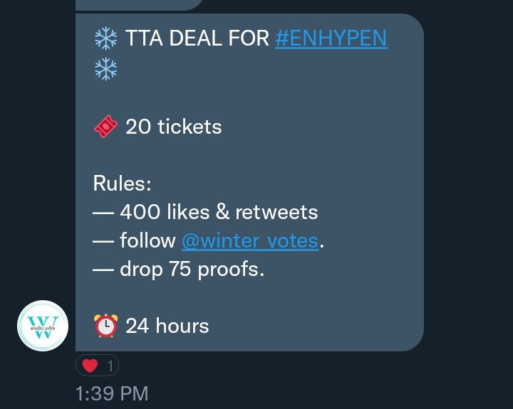 rikisins's tweet photo. ❄️ TTA DEAL FOR #ENHYPEN ❄️

🎟️ 20 tickets

Rules:
— 400 likes &amp; retweets
— follow @winter_votes.
— drop 75 proofs.

⏰ 24 hours

#ENVOOSTERS #ENFuelUp https://t.co/2c8XSmBudE