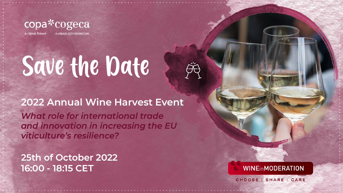 COPACOGECA's tweet photo. 📢SAVE THE DATE
Workshop & Press Conference on 🇪🇺 viticulture discussing international trade and innovation in increasing the 🇪🇺 wine sector's resilience and 2022/23 #EUWine harvest estimates🍷 ⤵️
🗓️25th October
⏰16:00-18:15 https://t.co/SM3vc9kDxv