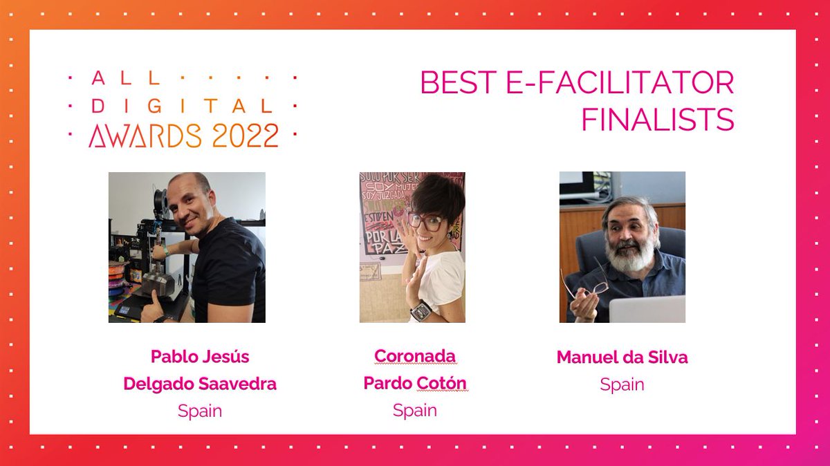 We are pleased to share the e-facilitator finalists selected by the Jury (@EpicocoGiorgia @FionaFanning @Vania_Neto_) for the #ADAwards. Ceremony planned on 28-30 Sept at #ADSummit2022 in Prague. Learn more about digital education at the #ADSummit: all-digital.org/adsummit/