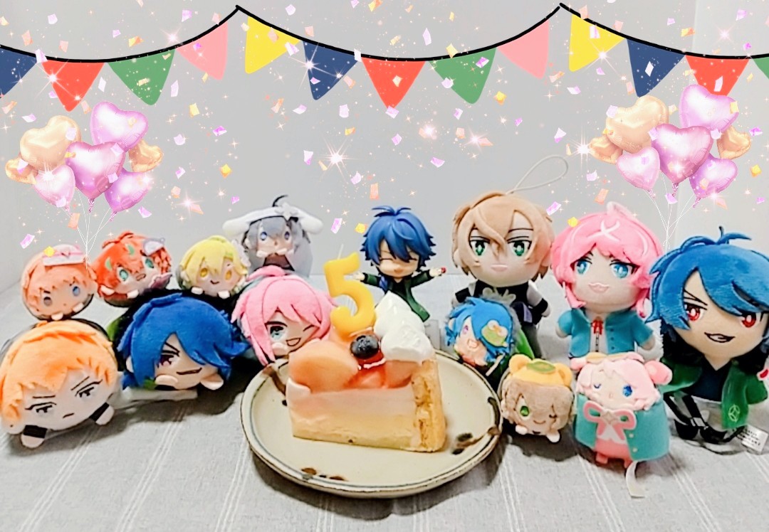 multiple boys pink hair blue hair food cake smile multiple girls  illustration images