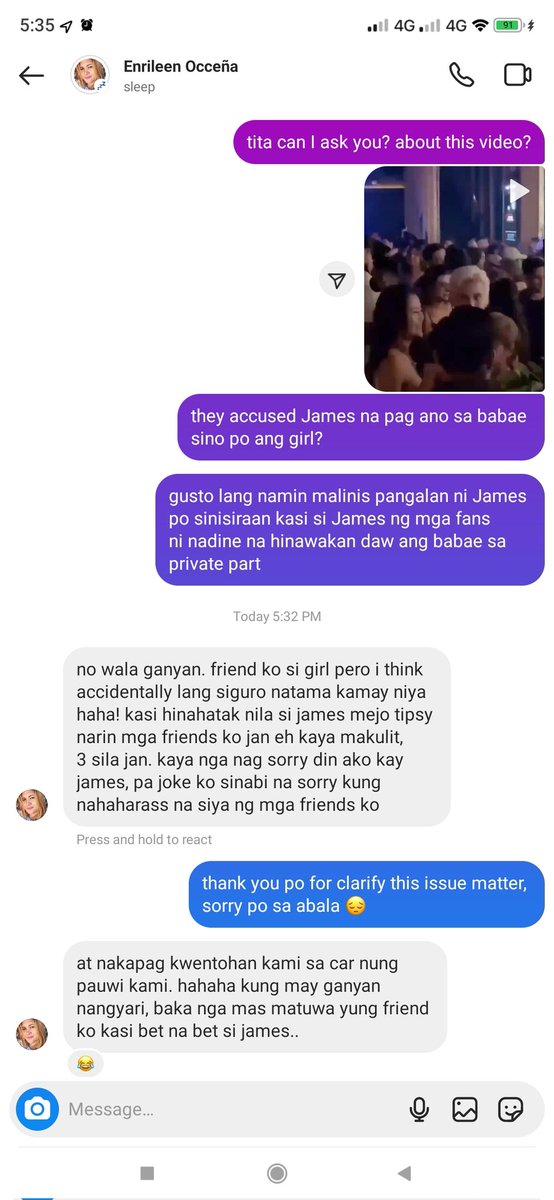 jamesbstboy's tweet photo. So I dm tita Enrileen about sa video na misinterpret niyo, nagsorry na pala ang friend ni tita kagabi kay james medyo nakainom na at na harrass na si James sa video na nakita niyo na sinasabi niyo na si James nagharass HAHAHHAHAHAHAHA. Mas malinaw pa sa umaga yan.

#JamesReid https://t.co/v8erLyLVLa