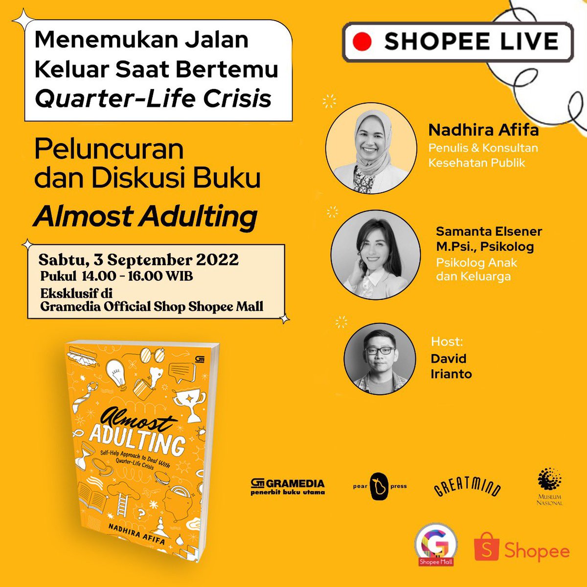bukugpu's tweet photo. Book launching #AlmostAdulting @nadhiraafifa besok siang akan disiarkan langsung via Shopee Live ๐น Jangan sampai terlewatkan ya! ๐ซ yang belum bisa hadir di Museum Nasional, bisa tonton di https://t.co/nrdIQc2RaZ โจ #bukugpu https://t.co/WlYPW4KAez