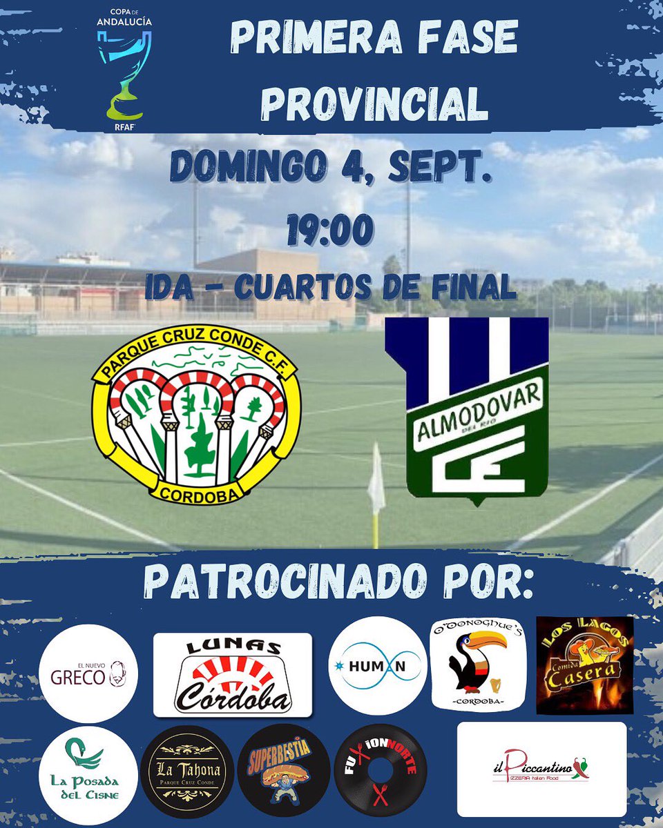 📣 ¡SEMANA DE PARTIDO!
🗓: Domingo 4 de Septiembre
🕖: 19:00
🏟: IDM FONTANAR
🆚: <a href="/almodovarcf/">Almodovar C.F.</a> 

Comenzamos esta temporada disputando la IDA de la 🏆 Copa Andalucía.

🫂 ¡Os esperamos a todos en casa!
🚨 Vamos hacer vibrar el Fontanar.

#CopaAndalucía #RFAF #Córdoba #Futbol #PCC