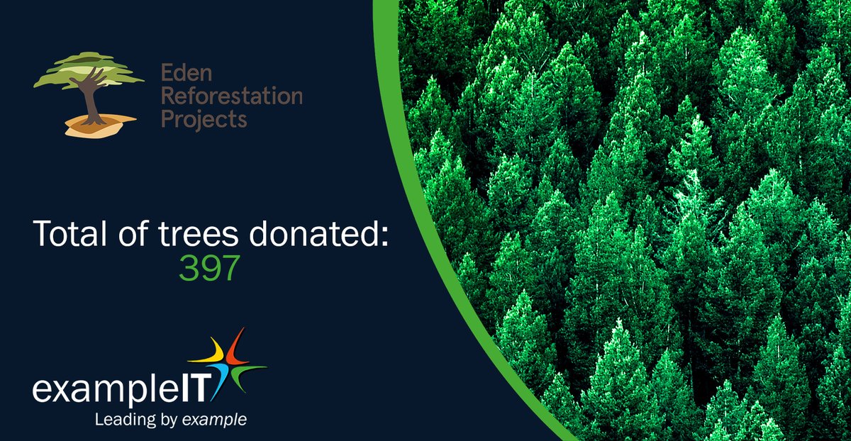 ExampleIT's tweet image. As a part of our new sustainability program, we are donating trees each month in association with Eden Reforestation Projects. So far, one month down we have donated 397 trees!
To learn more email, us at: technologyboard@exampleit.com
#ExampleIT #Sustainability #EdenReforestation