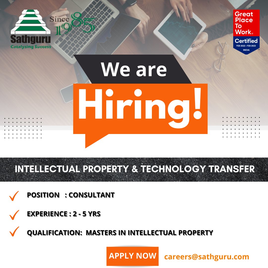 sathgurumc's tweet photo. Sathguru Management Consultants is looking for professionals in technology transfer space.
Refer to know more: https://t.co/jOPPwEJi9I
#hiring #consultant #intellectualproperty #ipdegree #innovation #techtransfer #outlicensing #training #sathgurumc #GPTW #hyderabad https://t.co/Lwuirt1Yqw