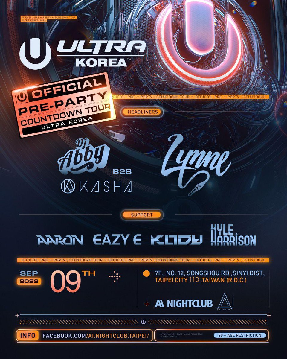 UMFKorea's tweet photo. Ultra Korea Official Pre-Party
9 September 
AI Nightclub Taipei
#ultrakorea #preparty #countdowntour https://t.co/SdoNTcNbkM