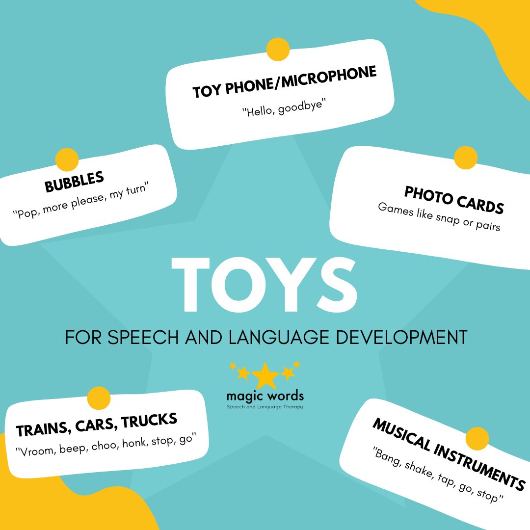 Play is our brain's favourite way of learning 💛
Toys that allow children to interact, be creative and play pretend are great for language development! Here are some of our favourite toys for babies and toddlers ⭐️ 

 #speechtoys #speech #speechsounds #therapy #speechdevelopment
