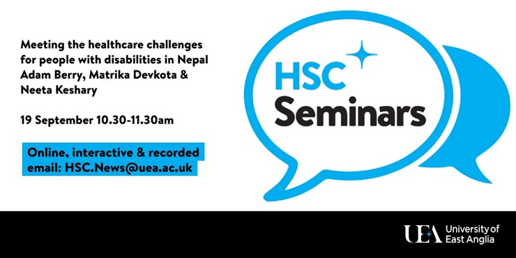 ueahealthsci's tweet photo. Join us for our next #HSCSeminar on Monday 19 September! ‘Meeting the healthcare challenges for people with #disabilities in #Nepal’with the Executive Director of #KOSHISH, President of #SHRUTI and Director of #Disability and #Development Partners. https://t.co/qjPh6mMZ4X