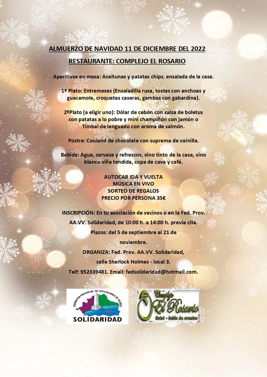 Un año más, os invitamos al tradicional almuerzo de Navidad que organizamos, abrimos el plazo de inscripción al mismo el 5 de septiembre hasta el 21 de noviembre.

Pedimos vuestra colaboración para compartir y reenviar este evento.