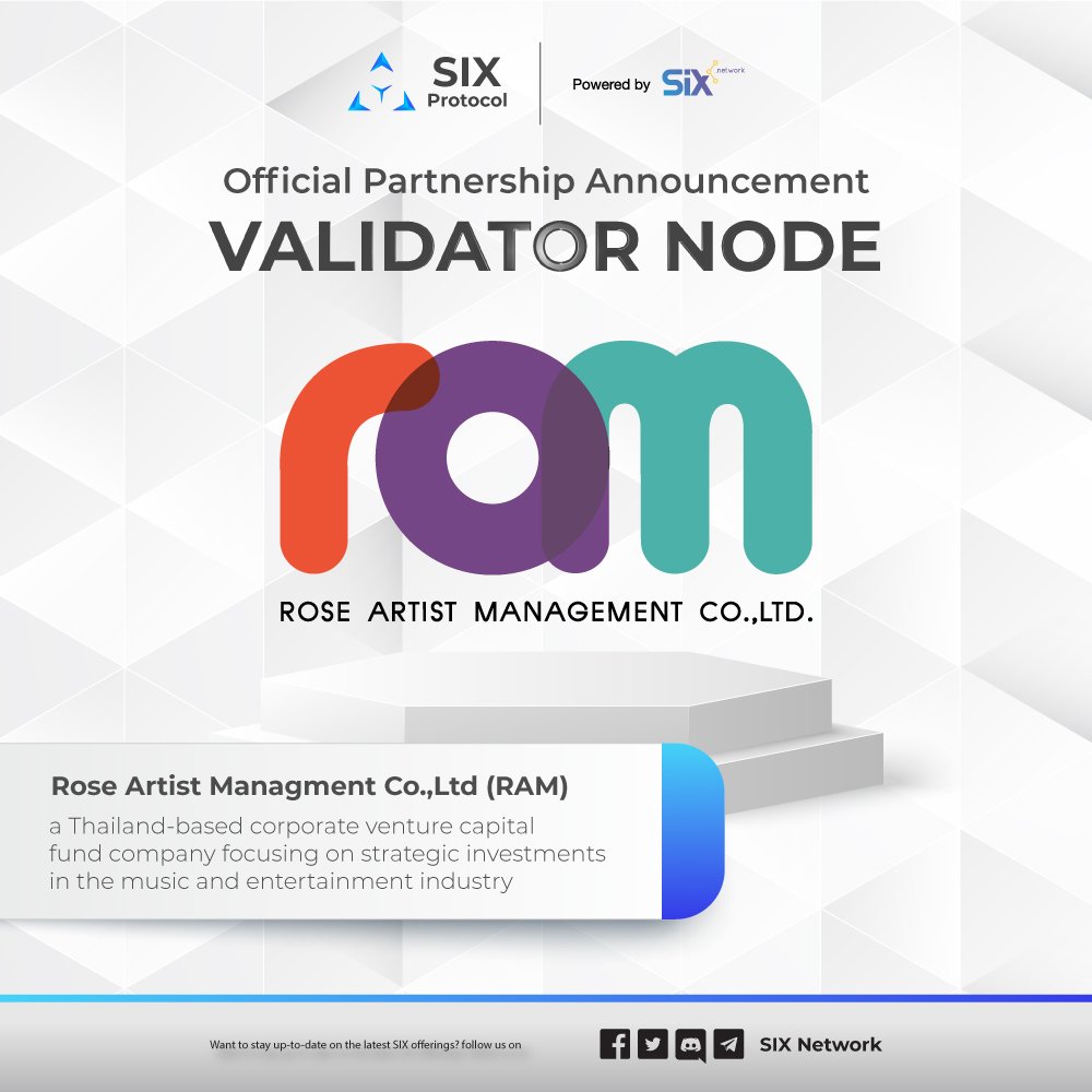 theSIXnetwork's tweet image. SIX Protocol’s Node Validator partnering with Rose Artist Management Co., Ltd. (RAM)
.
The partnership of both parties plans to develop NFT &amp;amp; Metaverse projects for the music and entertainment industry focused on creating values and utilities.
#SIXProtocol #RoseArtistManagement