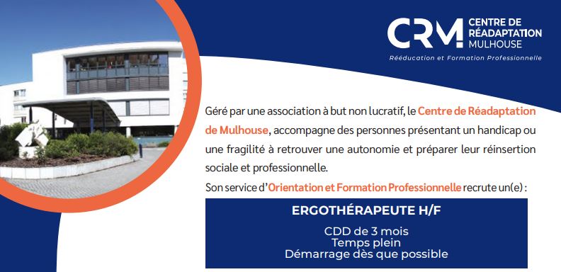 #RECRUTEMENT 🔎💼 | Le CRM recherche, pour l'OFP : un ergothérapeute, H/F !

Pour retrouver l'offre détaillée ➡️ lnkd.in/ezwXzdfd

👉 CV et votre lettre de motivation :
- recrutement@arfp.asso.fr
ou
- 7 boulevard des Nations, 68093 Mulhouse