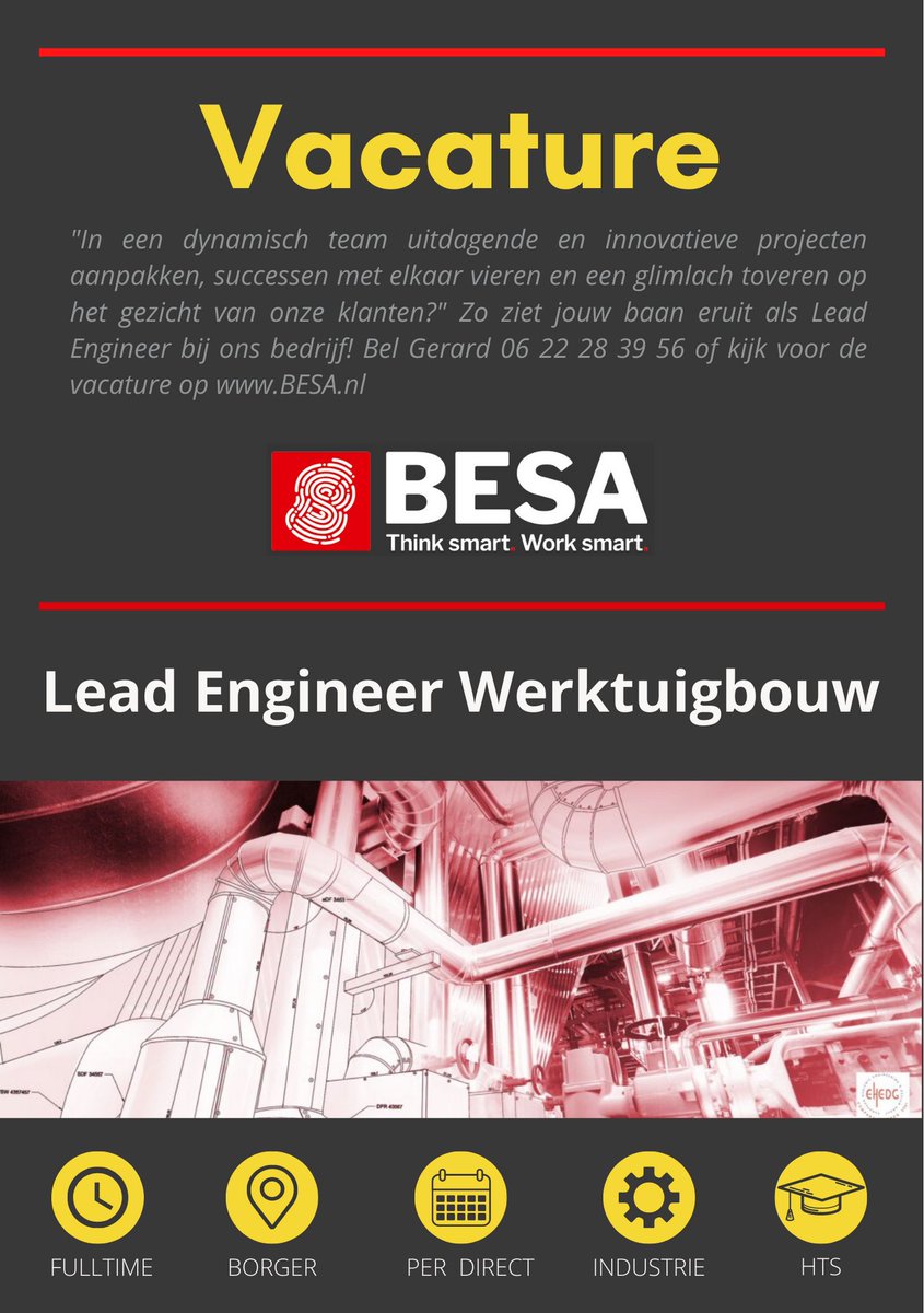 BESA_Borger's tweet photo. 𝗩𝗮𝗰𝗮𝘁𝘂𝗿𝗲 𝗟𝗲𝗮𝗱 𝗘𝗻𝗴𝗶𝗻𝗲𝗲𝗿 𝗪𝗲𝗿𝗸𝘁𝘂𝗶𝗴𝗯𝗼𝘂𝘄
In de rol van Lead Engineer ga je aan het werk voor ons groeiende bedrijf in een zeer prettige werkomgeving, waarbij je ruimte krijgt om jezelf optimaal te ontplooien. https://t.co/OH1xeH0lPV