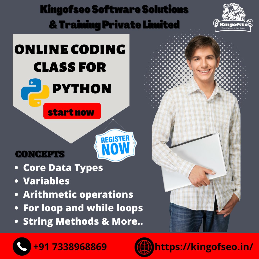 KingofseoIndia's tweet image. ONLINE CODING CLASS FOR PYTHON
START NOW !!!
REGISTER NOW
kingofseo.in
CONTACT NO : +91 7338968869
#Bestpythontraininginchennai #toptraininginstituteinchennai #pythoncourseinkingofseo #kingofseo #software #solutions #training #private #limited #onlineandofflinecourse