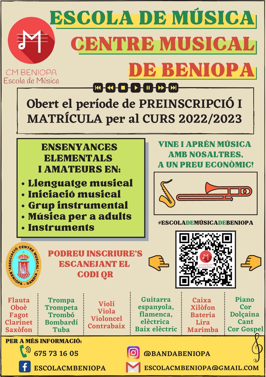 BandaBeniopa's tweet photo. 🎼 Ja està obert el període de MATRÍCULA a l’Escola de Música CM Beniopa per al curs 22/23

📞 Per a més informació, pots telefonar-nos al 675 73 16 05 o enviar-nos un correu a escolacmbeniopa@gmail.com

🎶 No pergues l'oportunitat i apunta't a fer música amb nosaltres! https://t.co/WJX9C5i4Q5