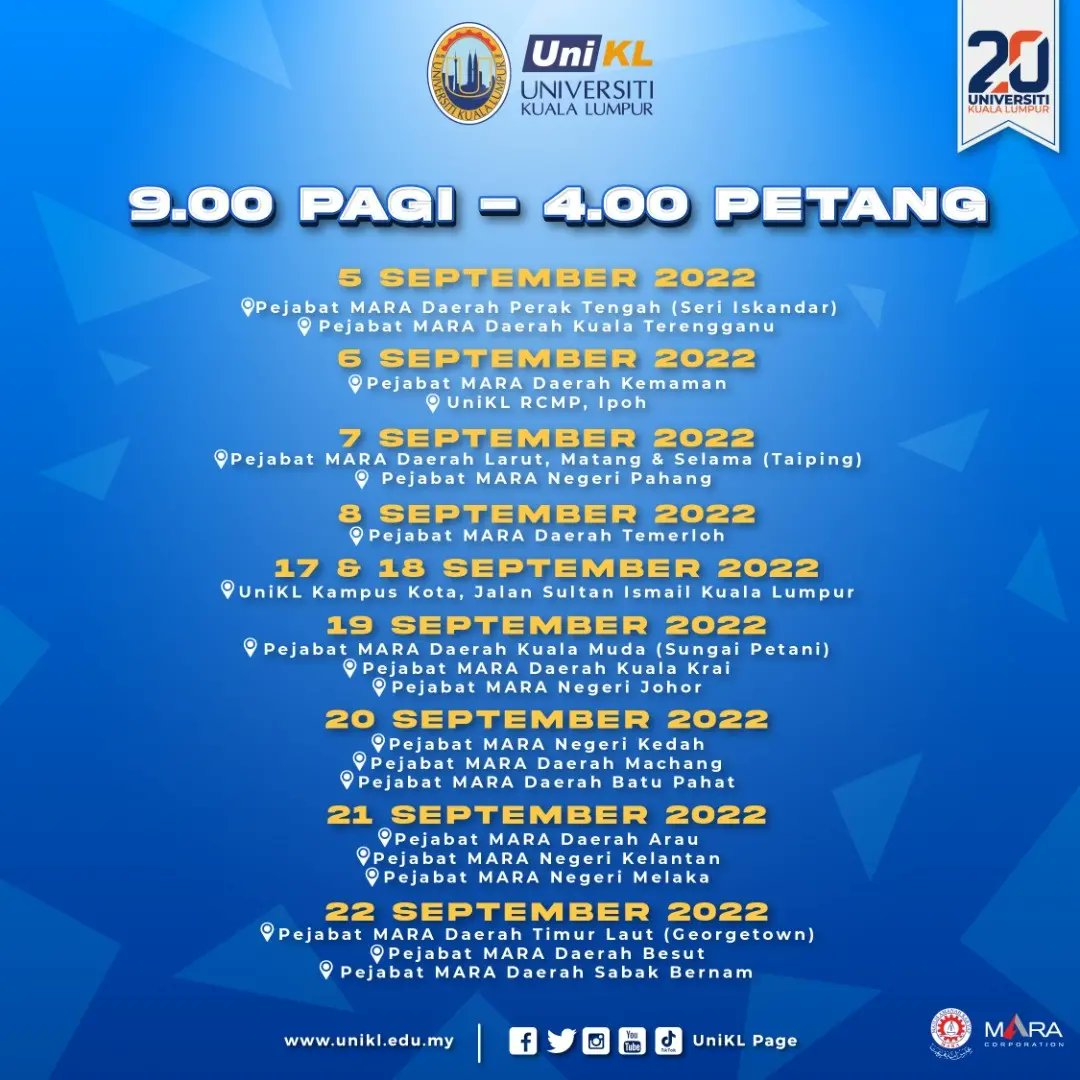 UniklM's tweet photo. Temui Kami @ Hari Pendaftaran Terbuka UniKL

Universiti Kuala Lumpur ingin menjemput semua untuk mendapatkan maklumat lanjut berkenaan program yang ditawarkan, pembiayaan pendidikan, serta banyak lagi. 

Pengambilan September 2022 Masih dibuka!!!! https://t.co/UtkZK8uKFw