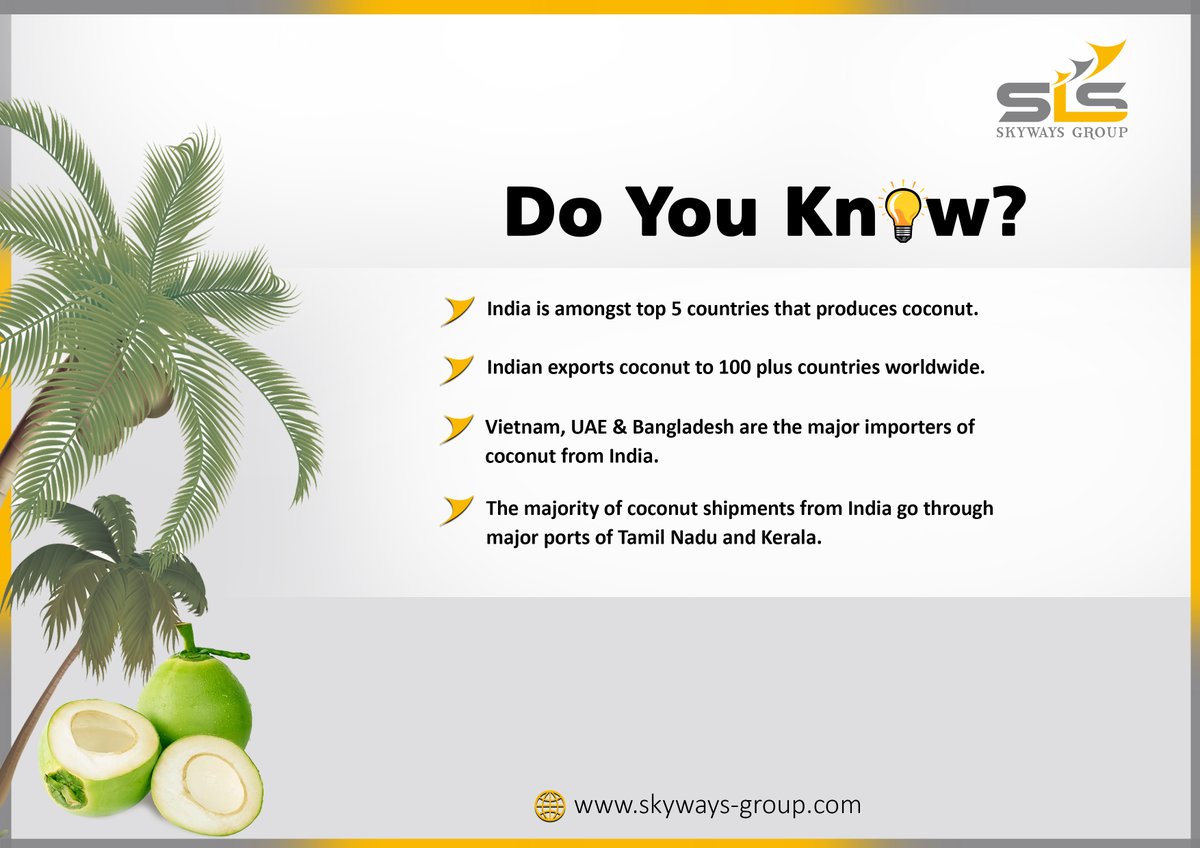 skyways_group's tweet photo. World Coconut Day is celebrated on September 2nd every year, to highlight the importance of coconuts in our lives.
Here are some facts and trivia related to coconuts. Please have a look.
#WorldCoconutDay2022 #interestingfacts #SkywaysGroup #MovingWithYou https://t.co/tPvY9rKZ90