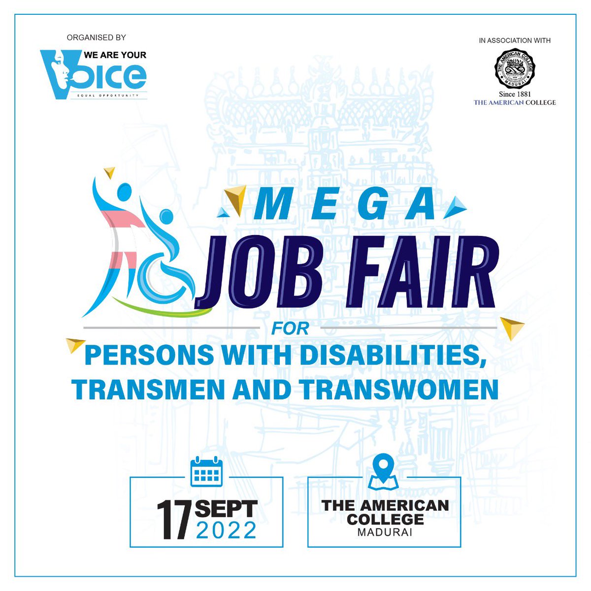 Mega Job Fair for Persons with Disabilities, Transwomen and Transmen <a href="/AmericanCollege/">American College</a> Madurai , Sept 17,2022
