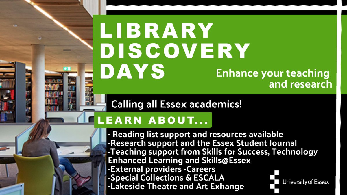 UniEssexLibrary's tweet photo. Join us on Tuesday 6 September for our second Library Discovery Day! Drop by the #AlbertSlomanLibrary between 11am-3pm to learn about all the teaching support available to academic staff across 
@Uni_of_Essex. More info here: https://t.co/tXXudcrCVf https://t.co/w09LpBQv4H
